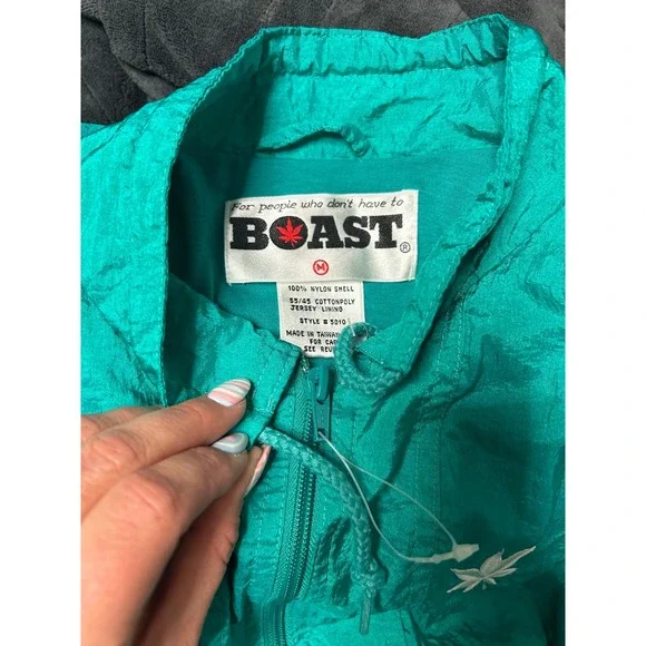 Vintage Boast Teal Green Crinkle Nylon Windbreaker Jacket Mens Medium 90s Zip Up - Picture 2 of 8